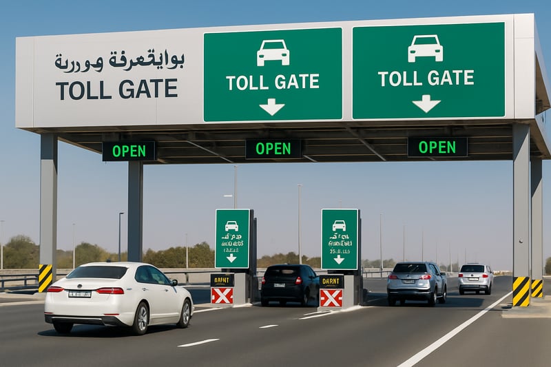 A modern toll gate on a UAE highway with clear signage and smooth traffic flow A modern toll gate on a UAE highway with clear signage and smooth traffic flow