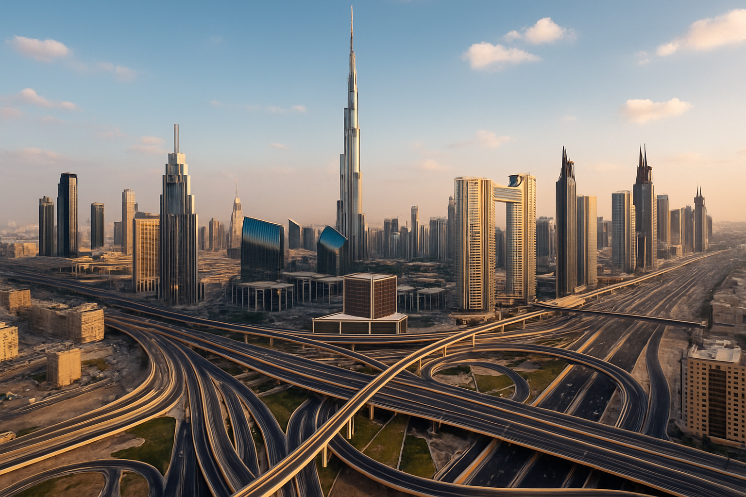 Dubai skyline with connected roads